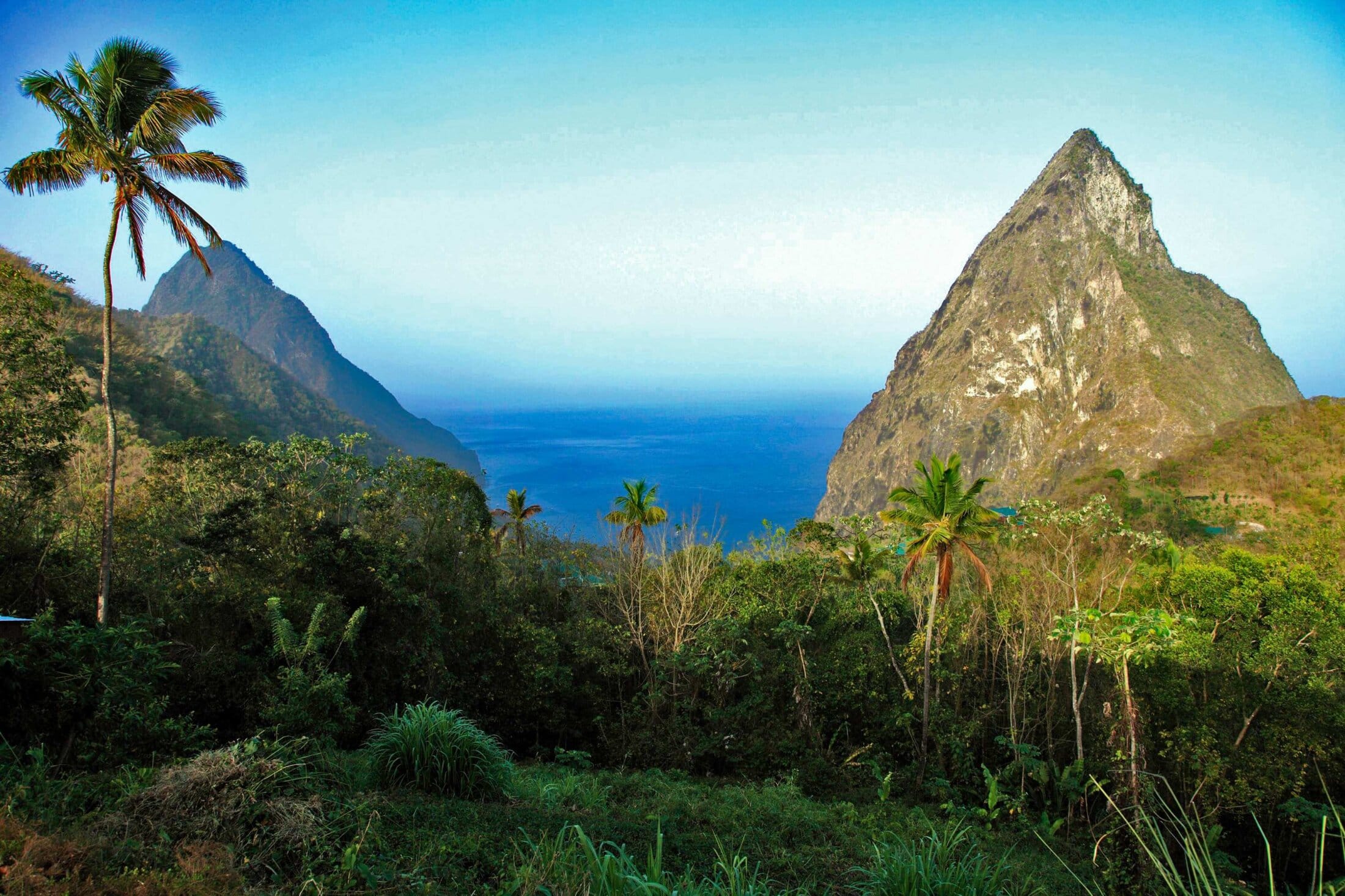 Gros Piton and Petit Piton rising above the Caribbean Sea in south-west Saint Lucia